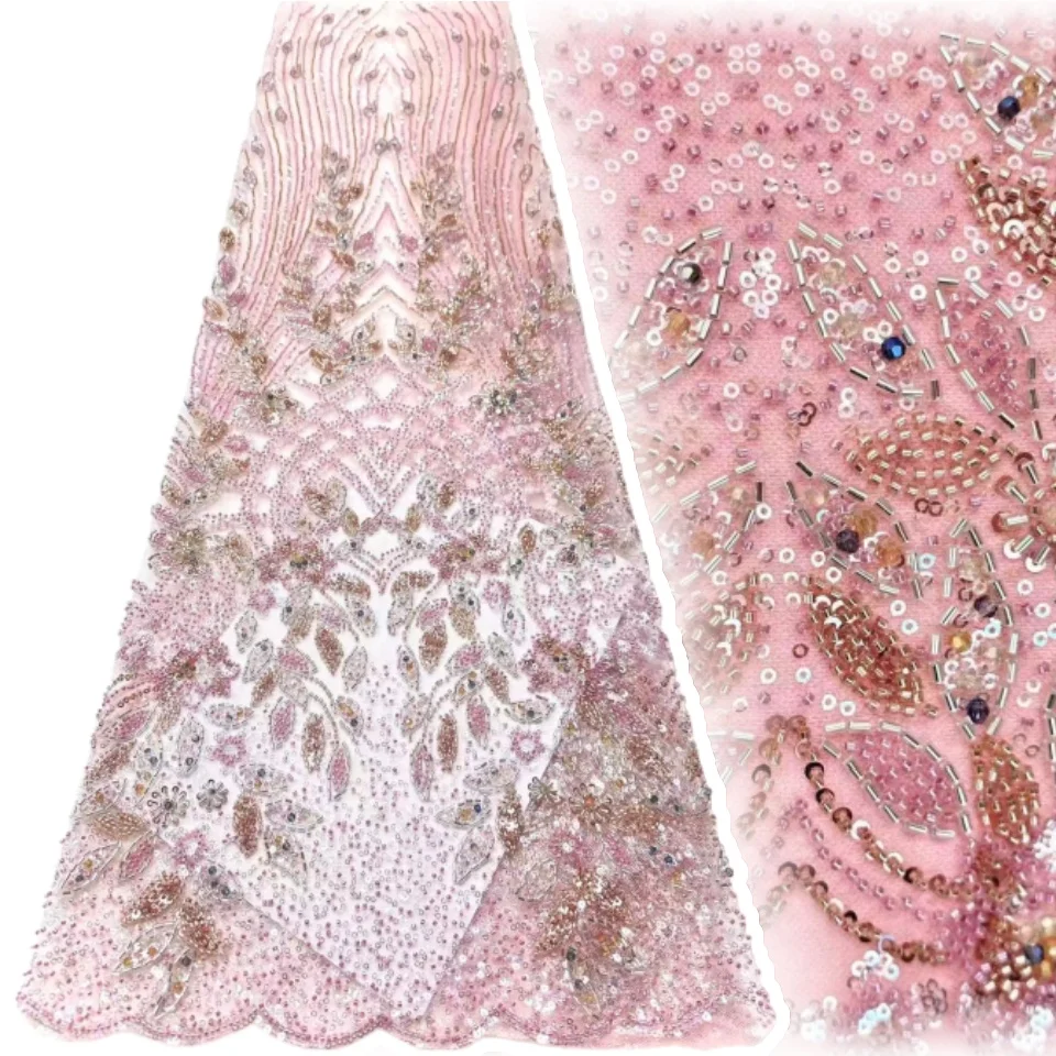 

Pink African Beaded Tulle Lace Fabric High-Quality Nigerian Sequin Lace Fabric Ideal for Party Dresses and Wedding Gowns 2036