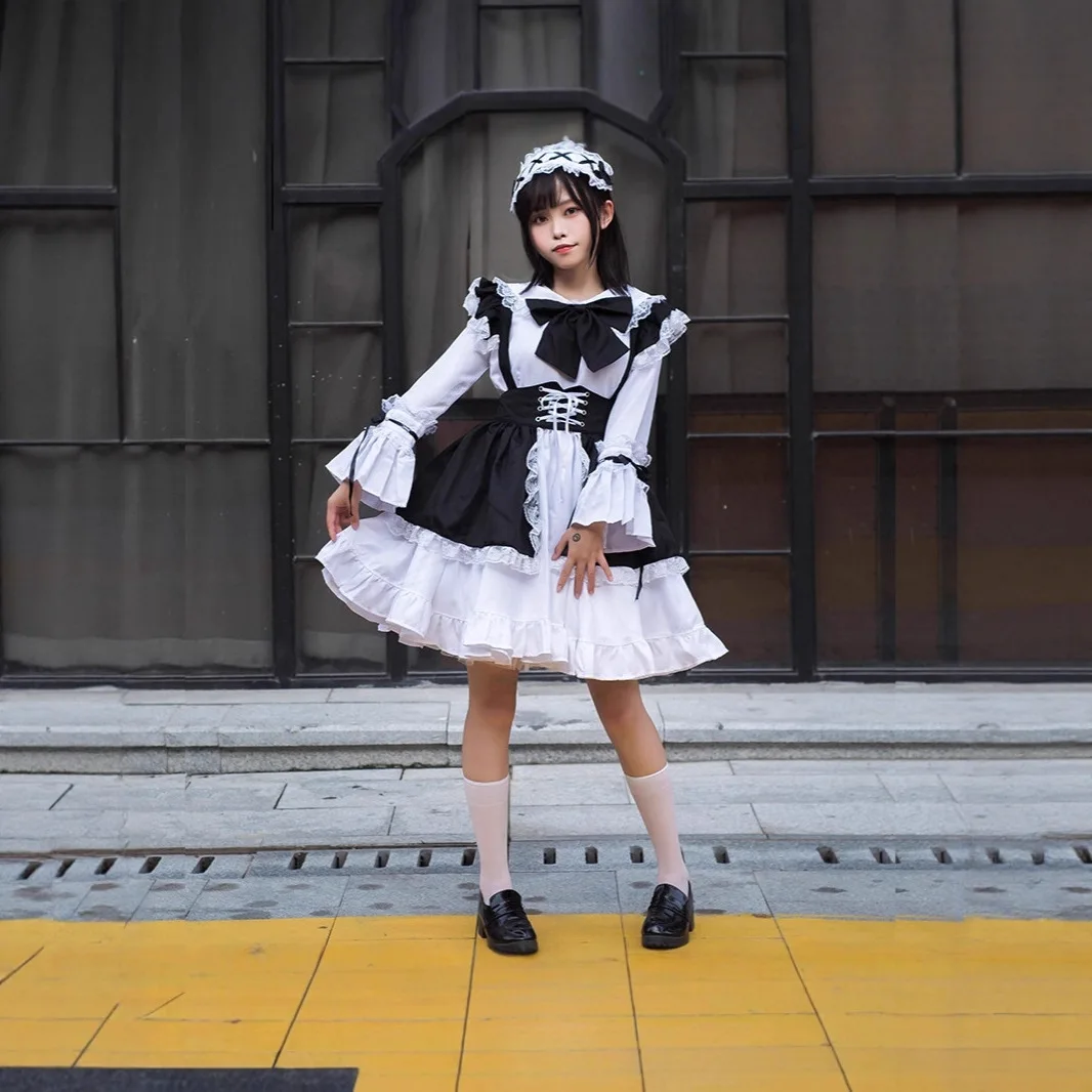

Cute Gothic Sle Lolita Maid orm Bla White loween Girl Dr Japanese Sle Fem Servant Outfit Polyester Material