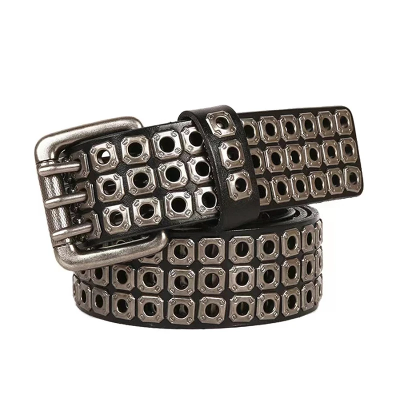 Belt Alloy Black Hollow Rivet First Layer Cowhide Pin Buckle Soft Surface Single Ring Men's and Women's Same Fashion Decorations