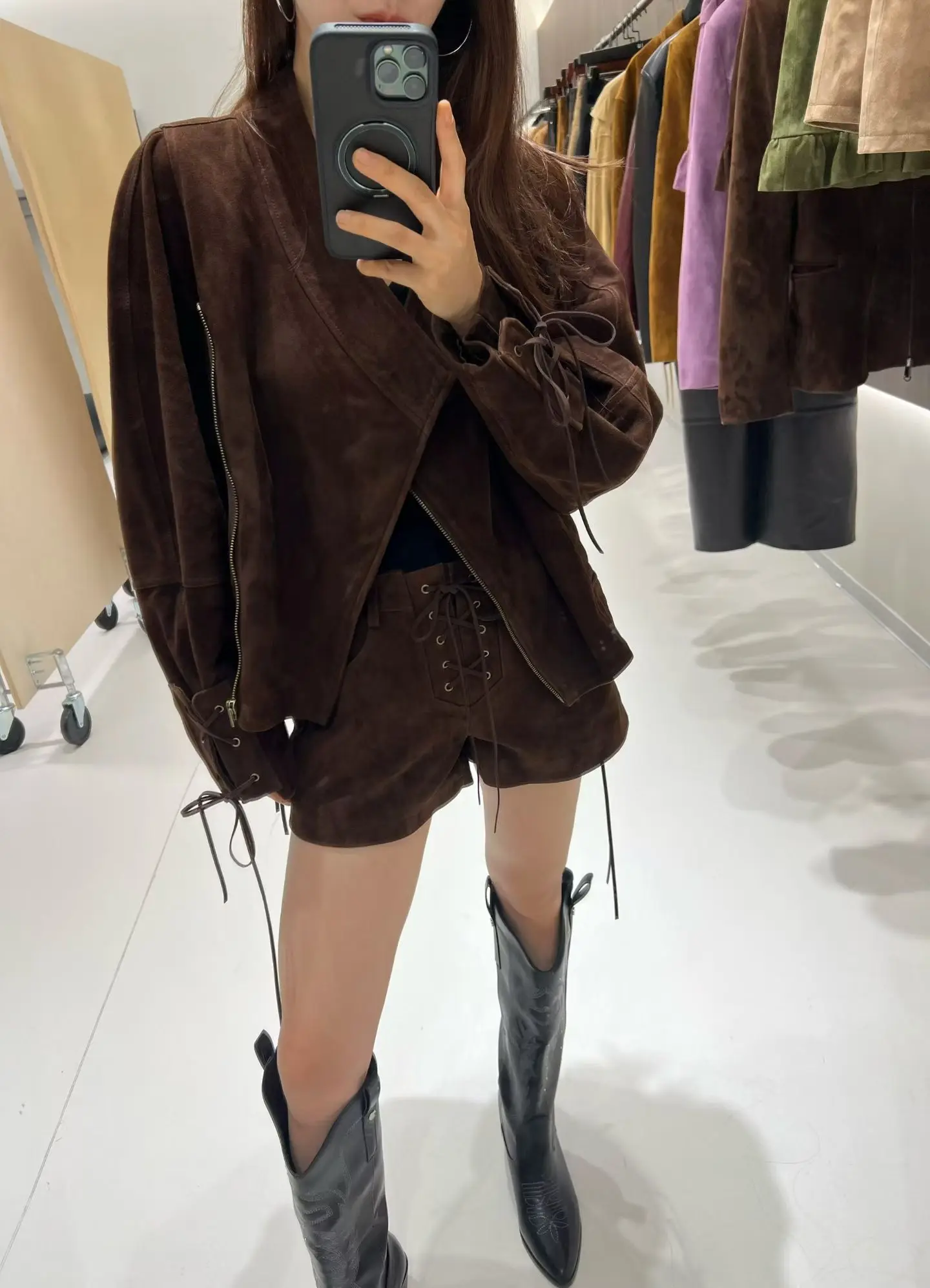 Cappotto in pelle scamosciata retrò per donna Autunno Inverno Giacca in vera pelle di pecora Giacca oversize color caffè Capispalla Polsini incrociati