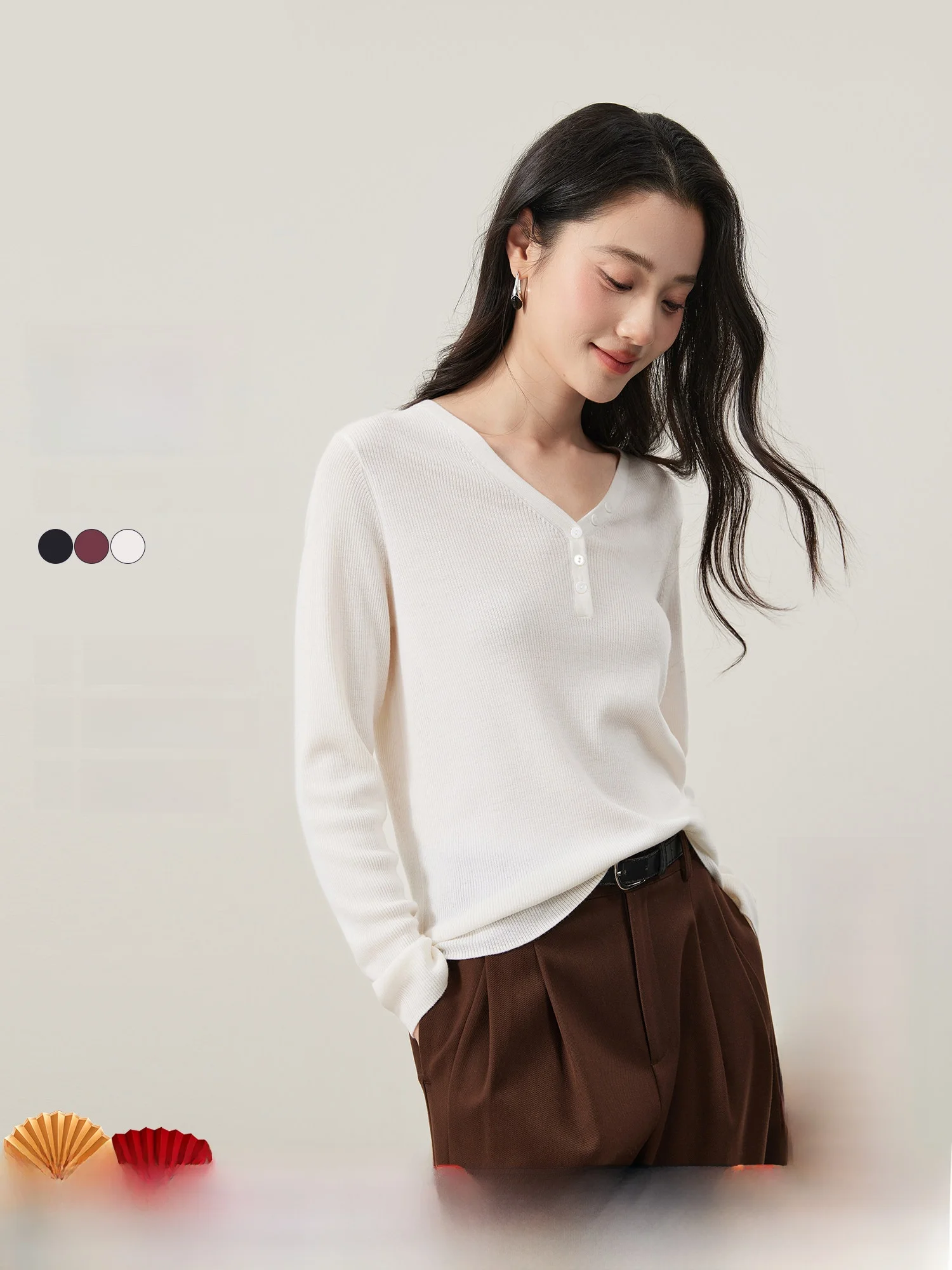 

Mijor Quali Wool Blend V-Ne Knitwear Slim Fit Women's Base irt Soft Long Sve Ele Sle Early Spring Faion