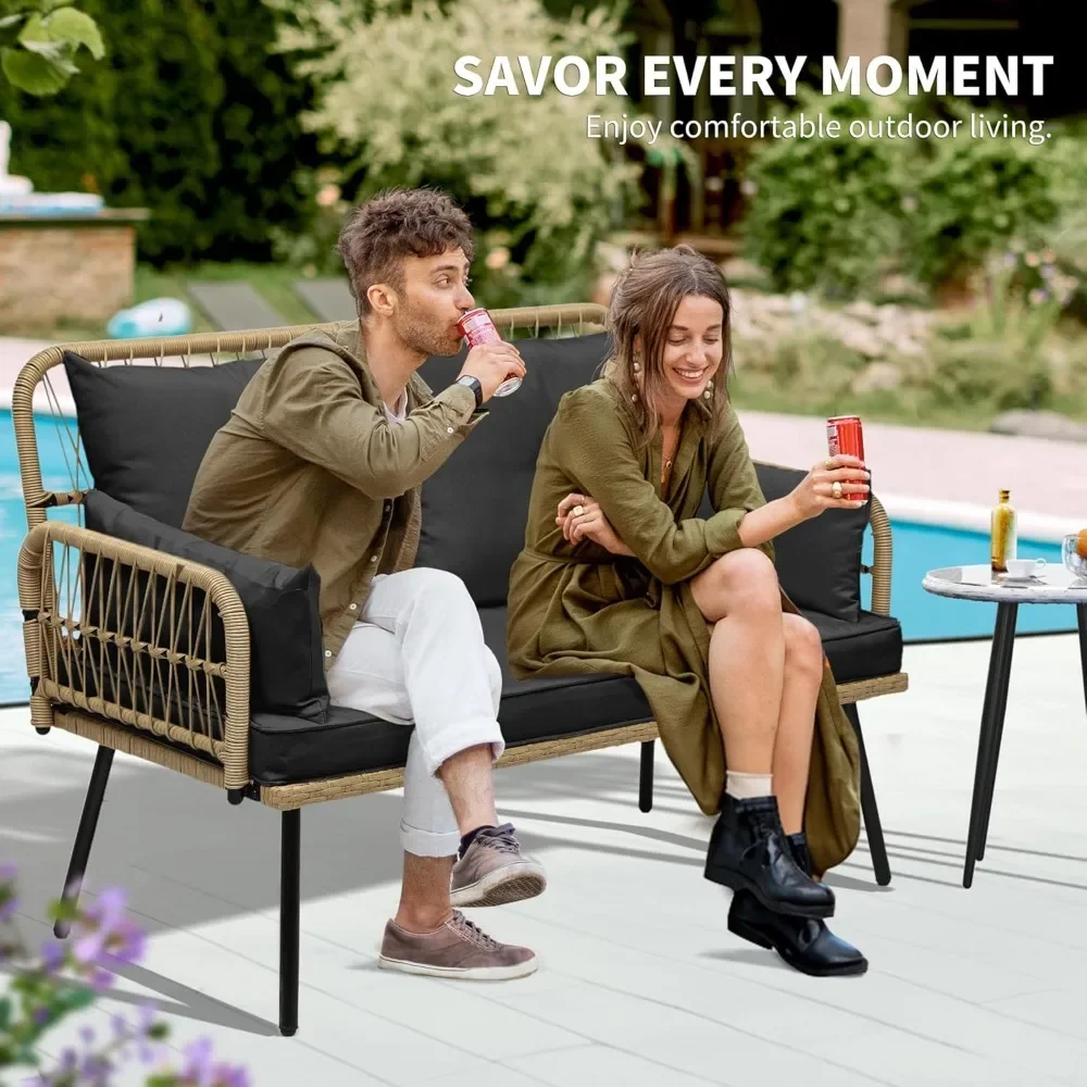 Уличный стулУличный двухместный диван из ротанга, двухместный двухместный двухместный диван из ротанга ручной работы и подушек, идеально подходит для заднего двора, балкона