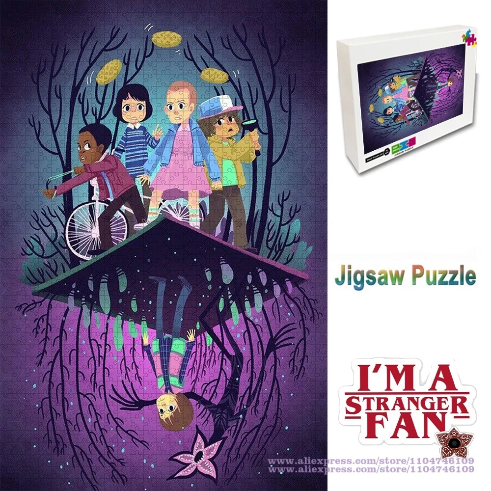 

Stranger Things Puzzle Jigsaw Bicycle Scene Puzzle Eleven, Mike, Dustin, Lucas & Upside Down Will 108/200/300/500/1000/1500Pcs