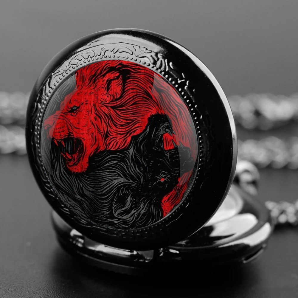 Yin Yang Lion Glass Dome Design Relógio de Bolso para Homens e Mulheres, Numerais Árabes Quartzo, Colar Pingente, Corrente de Relógio, Presentes, Especial