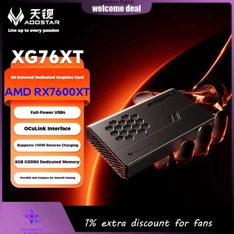 

AOOSTAR XG76XT Внешний графический процессор RX-7600XT Портативная док-станция с USB4 и портами OCulink 100 Вт Обратная зарядка Портативный графический процессор 8G GDDR6