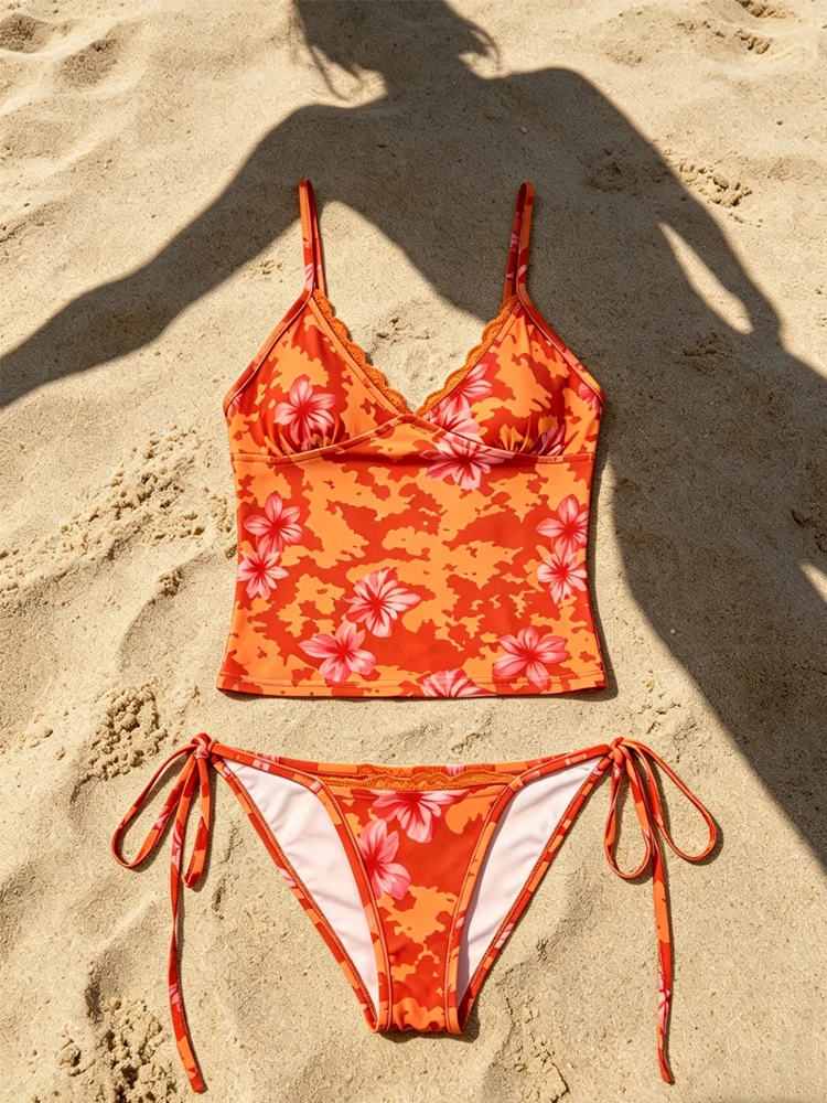 

Летний комплект танкини с оранжевым цветочным принтом для женщин, бикини с кружевной отделкой, V-образным вырезом и завязками сбоку, купальник из двух частей с высокой талией, пляжная одежда