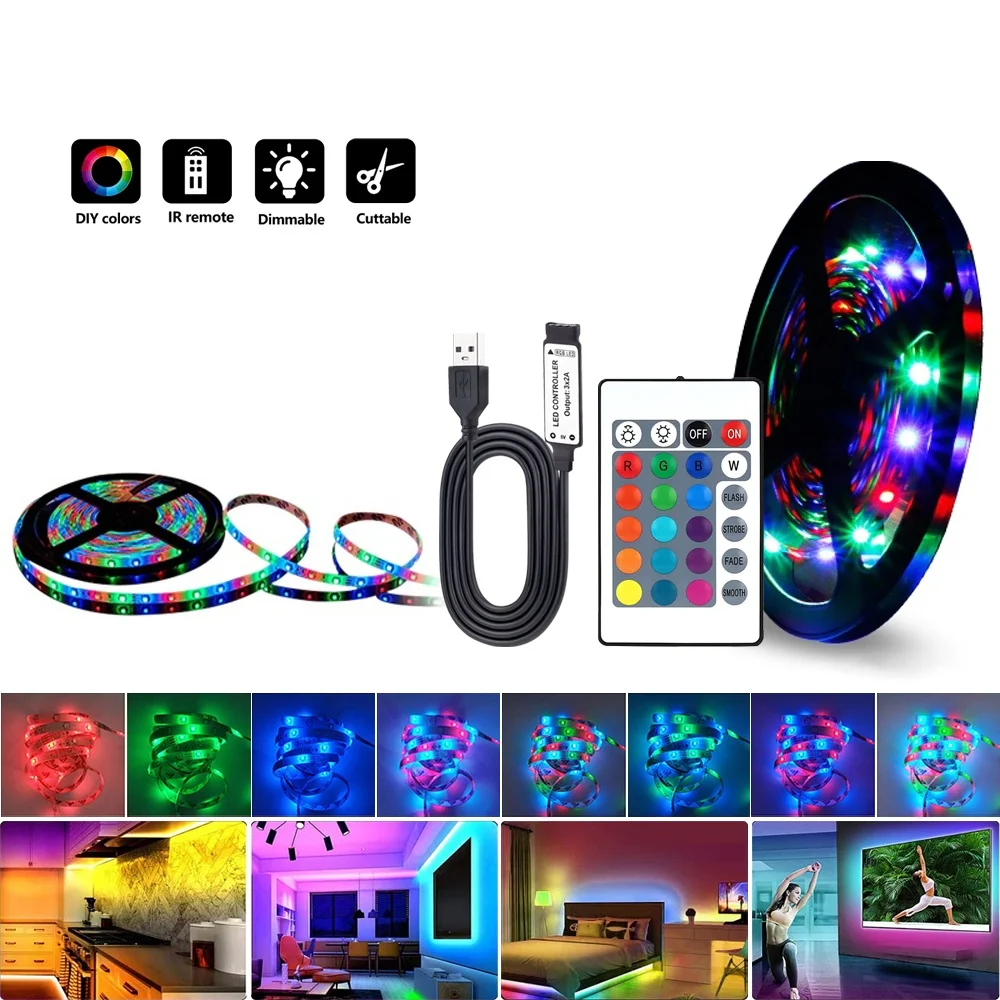 Led Strip Lights 1/3/5M With 24 Key Remote Control 5050SMD RGB Tape Led Lamp Wall Room Home Bedroom Party Decor TV Backlight