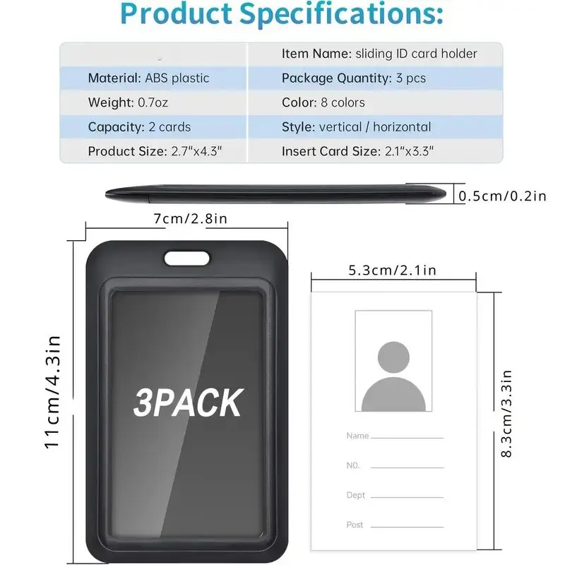 3 Pieces Heavy Duty Sliding ID Card Holder, ABS Plastic, for Office and Car - Credit Card, Driver's License and Pass Holder