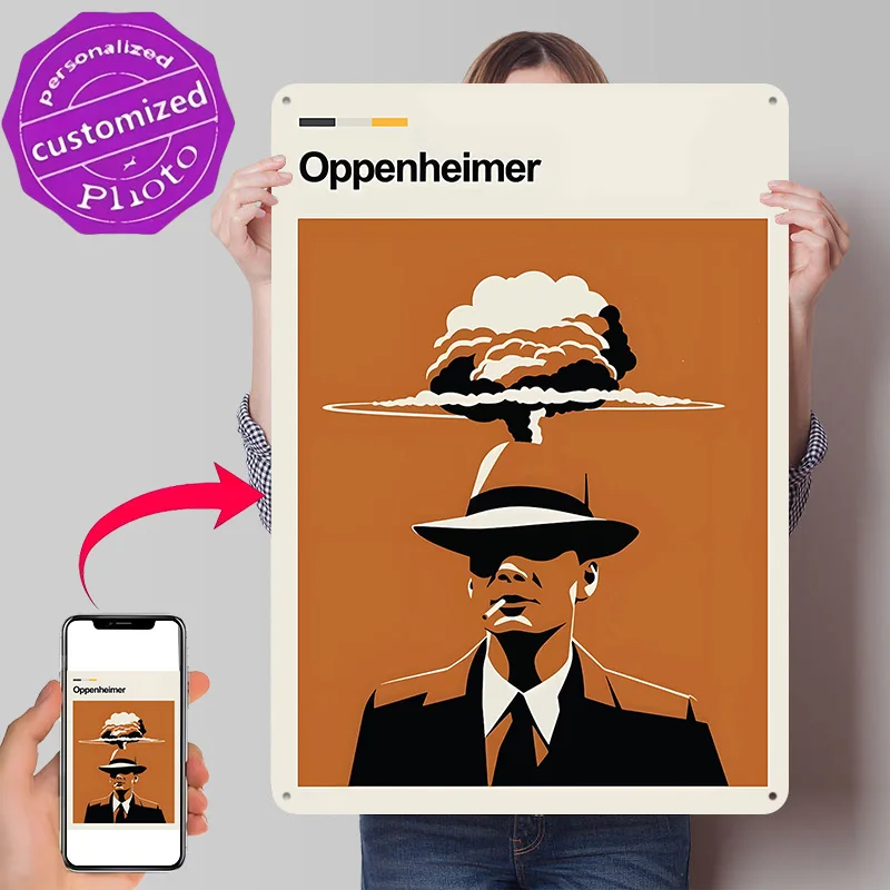 Oppenheimer Movie 3D Printed Texture Poster Personalized Wall Art Retro Metal Tin Signs for Decoration Room Decorating Interior