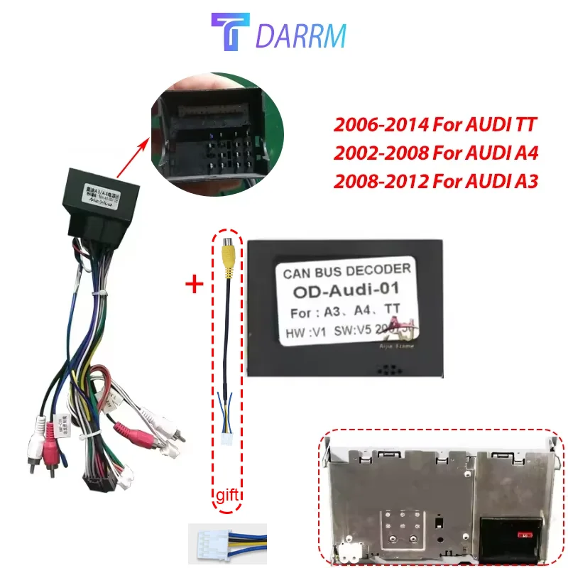 For Audi A3 8P A4 B7 TT CANBus Decoder Quadlock Harness Adapter 16 Pin Plug Quad Lock Connector RCA Car Android Wiring Cable