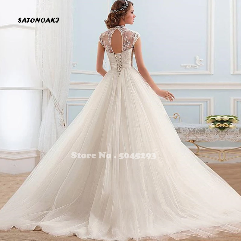 Vestidos de novia simples vestidos de casamento a linha boné manga alta pescoço laço-up varredura trem princesa vestido de noiva robe de mariée