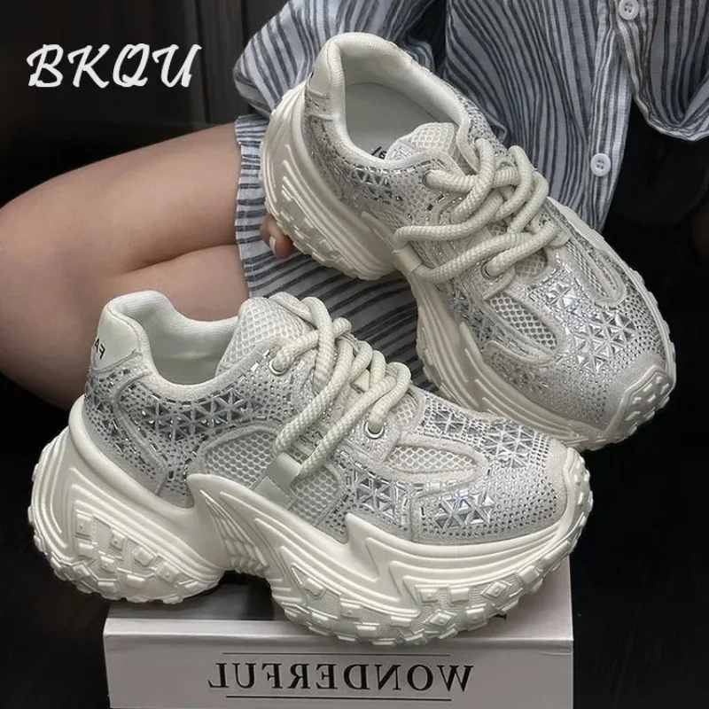 

BKQU Tire Bottom Iron Drill Old Daddy Shoes Women 2024 New Autumn All-matching Thin Thick Sole Sports Leisure Small White Shoes