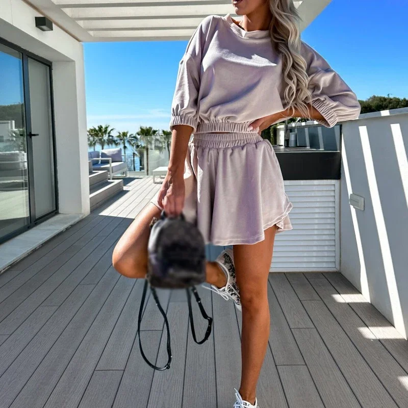 Spring Elegant Solid Color Set Lady Casual O-Neck Seven-Part Sleeve Short Tops Pullover Shorts Two Pieces Set Women Outfit 2023