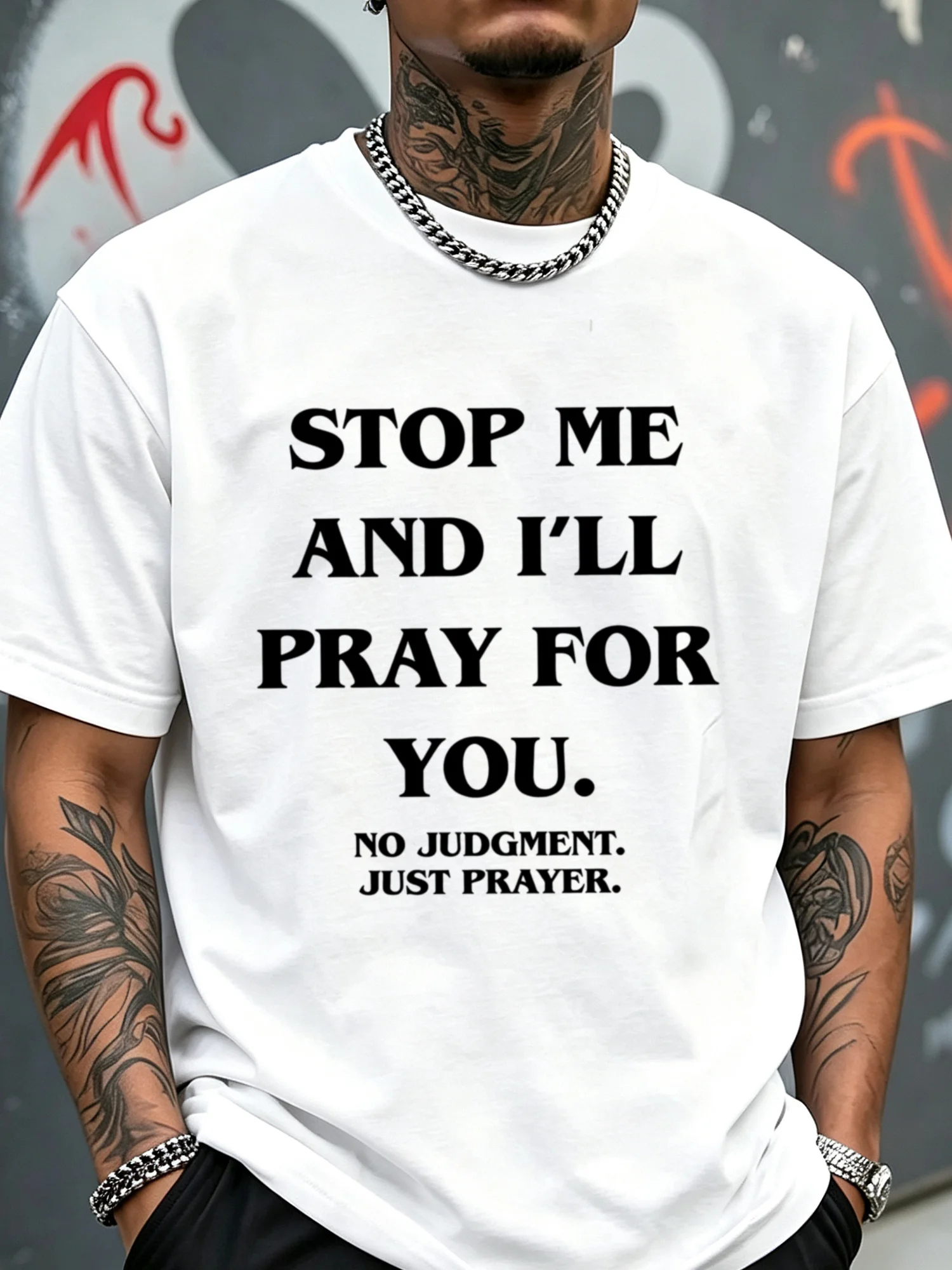 Men's Essential Black and White Crew-neck T-shirt Featuring 'Stop Me and I'll Pray for You' Graphic Print; Regular Fit.Offers Everyday Comfort and A Casual Urban Style Suitable for All Seasons-an Excellent Choice for Gifts and Year-round Wear.
