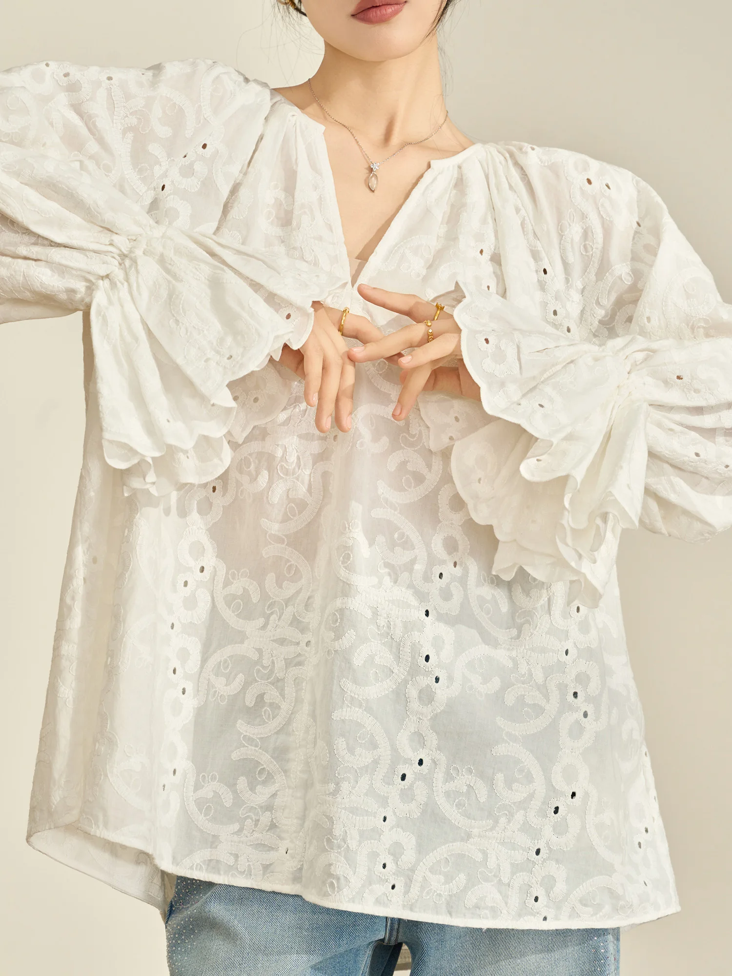 

Женская блузка Flowing Era Commute Sle белого цвета с вышивкой, длинными рукавами, ажурным дизайном, весенняя, повседневная, из смесового льна и полиэстера