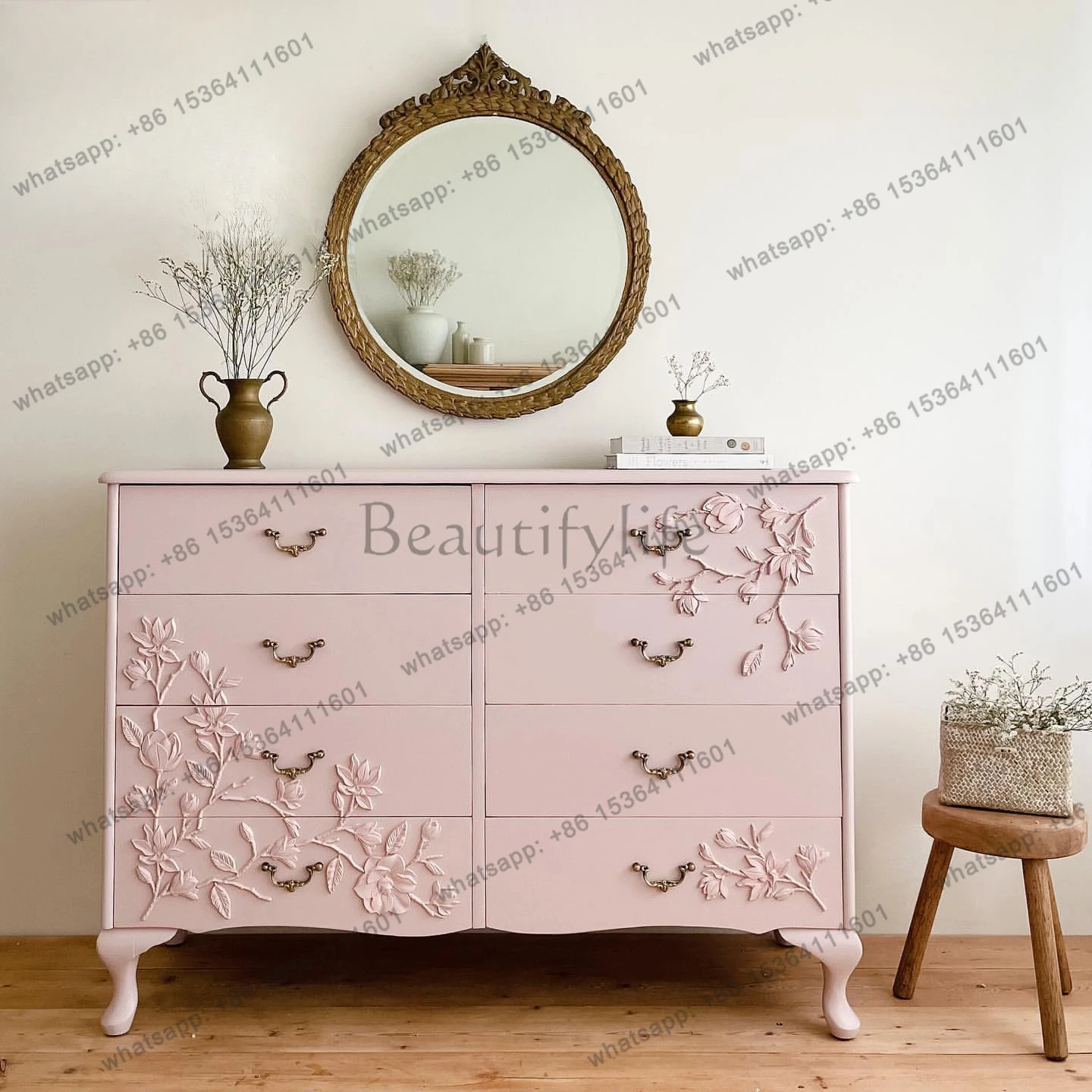 French retro solid wood pastoral hand-carved pink living room wall chest American simple bedroom locker