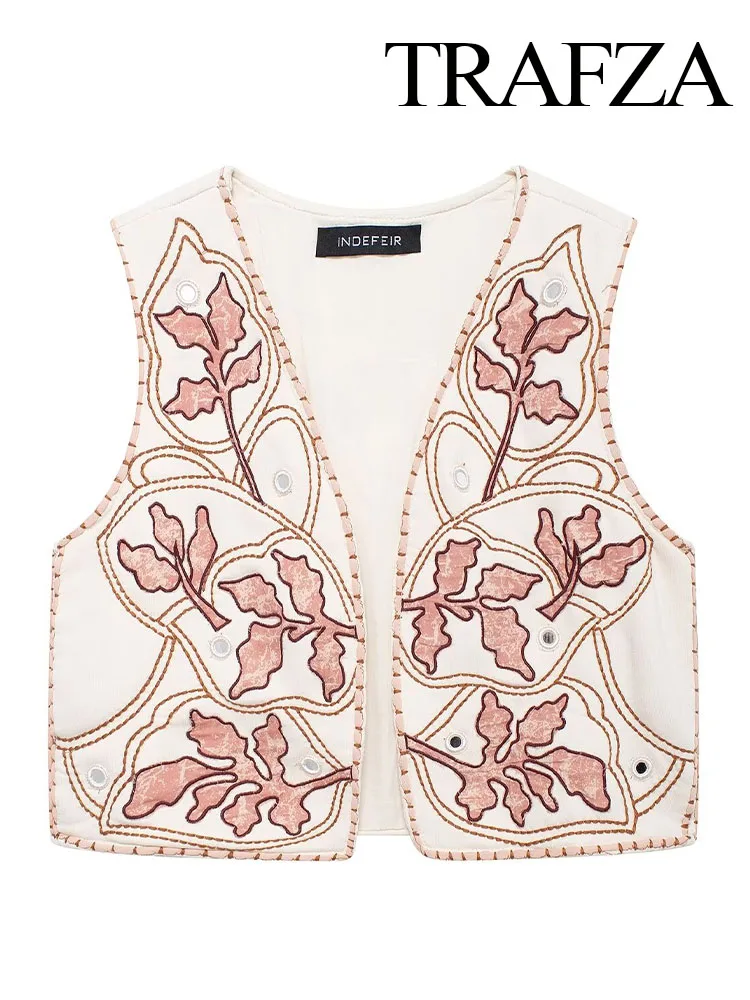 TRAFZA Summer Women Casual Vest Tops Flower Embroidery V-Neck Sleeveless Mirror Effect Decorate Women Vintage Cardigan Top Mujer