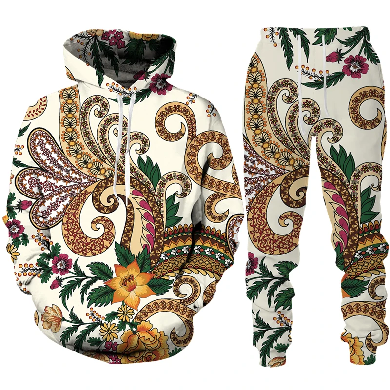 Autumn Colorful Cashew Flower 3D Printed Hoodie Suit Men Sweatshirts Sweatpants Casual Two Piece Tracksuit Set Men\'s Clothing