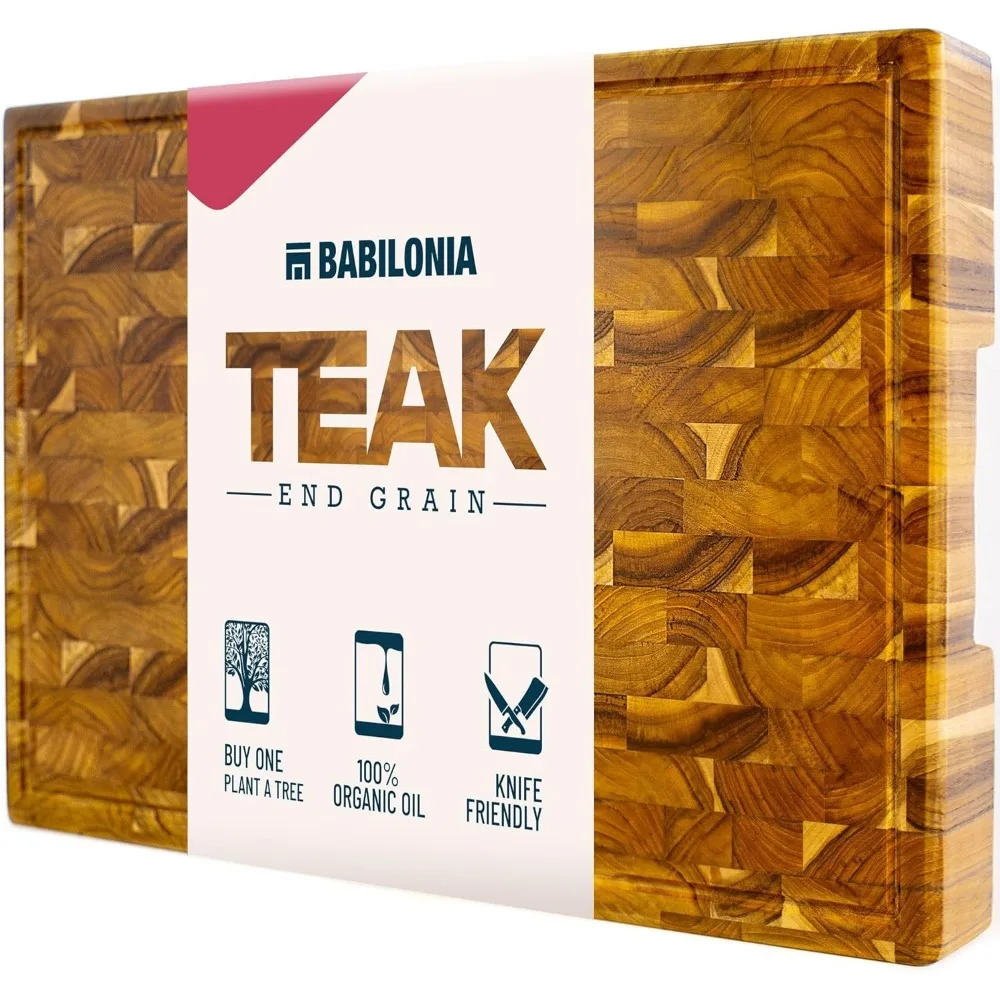 

Large Premium Teak Butcher Block - Extra Thick 1.7 Heavy Duty End Grain Wood Chopping Board for Charcuterie