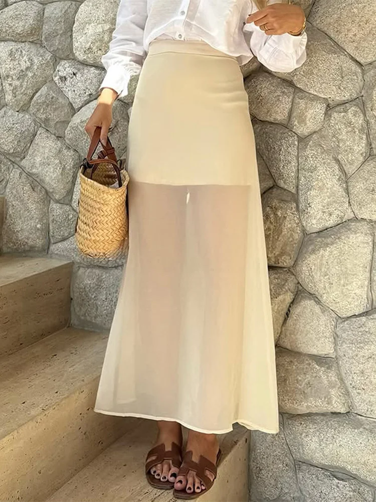 

Trendix Mesh See Through Maxi Skirt Female Summer Patchwork High Waist Hollow Out Long Skirts Street Casual Commuter Skirt Women