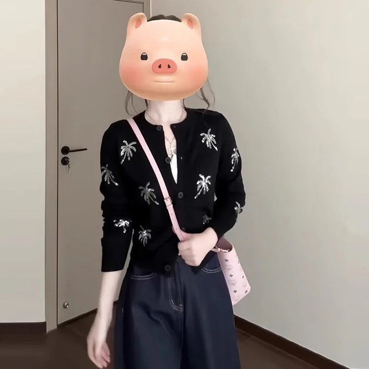 

Модный женский кардиган с вышивкой блестками, корейский повседневный базовый винтажный свитер с круглым вырезом и длинными рукавами, топы