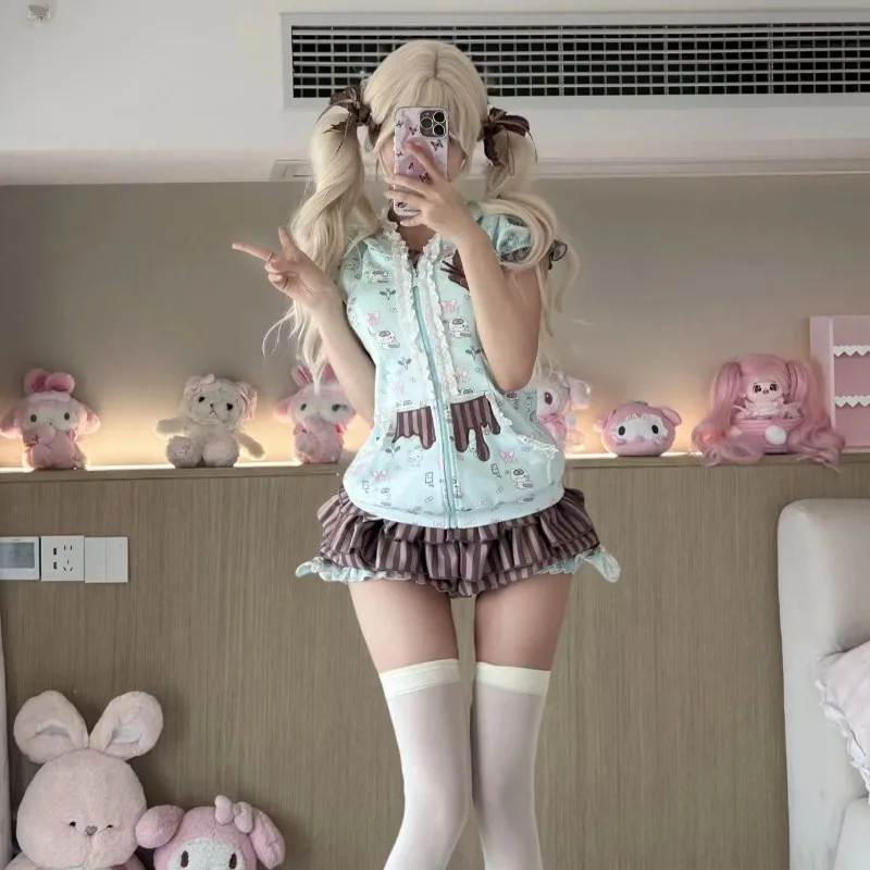 

Японская одежда Kawai Lolita для девочек, кружевная лоскутная толстовка с пышными рукавами и молнией, футболка с высокой талией, мини-юбка, женские комплекты из двух предметов