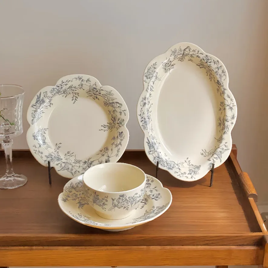 

French medieval blue floral western food deep plate lace tall cake plate cafe dessert salad steak