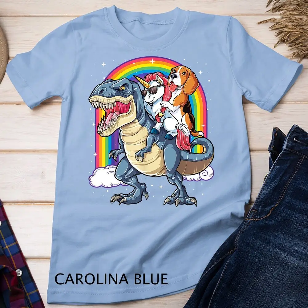 Beagle Unicorn Riding Dinosaur T rex Girls Kids Boys Rainbow Unisex T-shirt