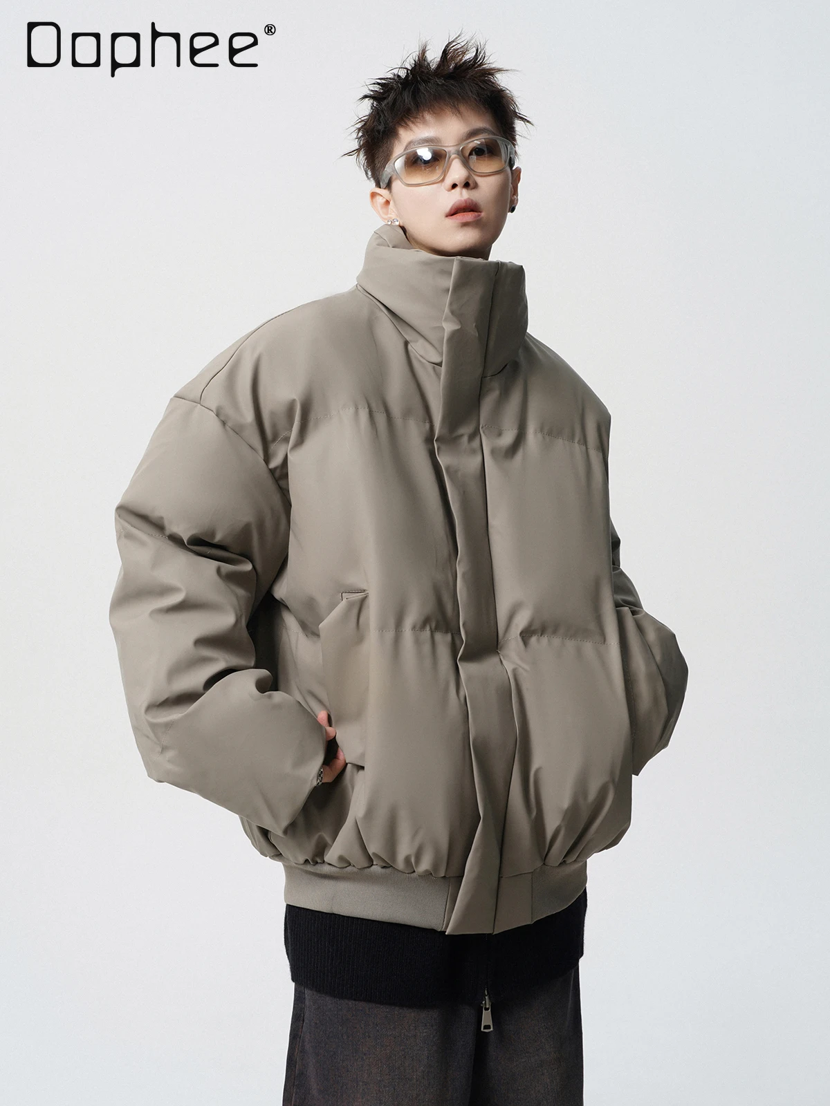 سترة باركاس رمادية فضفاضة ذات ياقة ثابتة على الطراز الأمريكي لشتاء 2025 سترة عالية الشارع رائعة وبسيطة باللون الأسود منقوشة من القطن #1