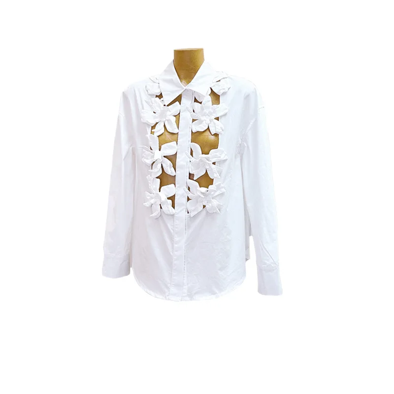 Handmade 3D Flowers Stitching Design Single-Breasted Blouse Women Sexy Hollow Out Long Sleeve Stand Collar White Shirt Blusas