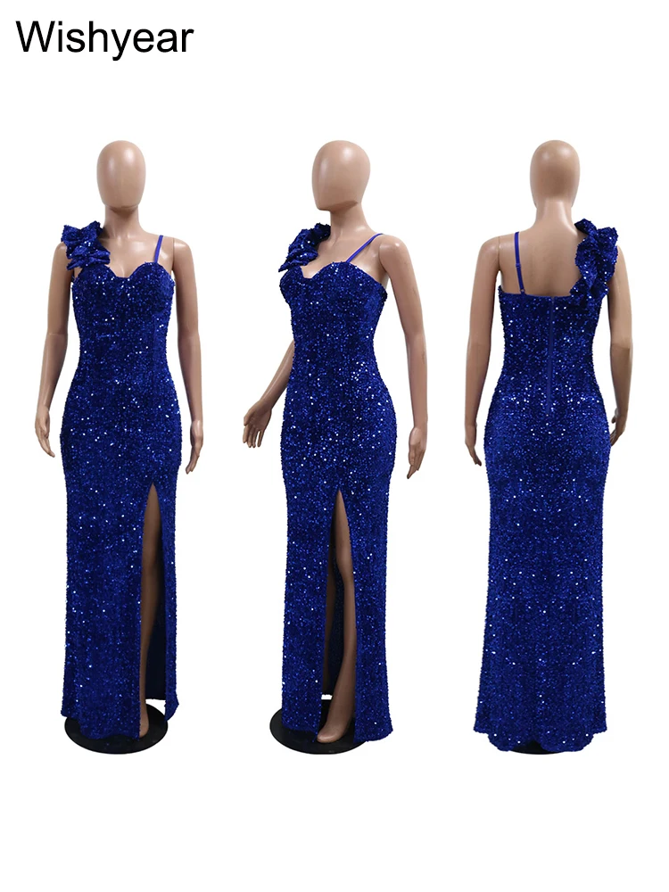 Novo sexy fenda perna acolchoada longo cocktail vestido de baile das mulheres luxo lantejoulas cinta festa à noite vestido de casamento aniversário noite vestidos