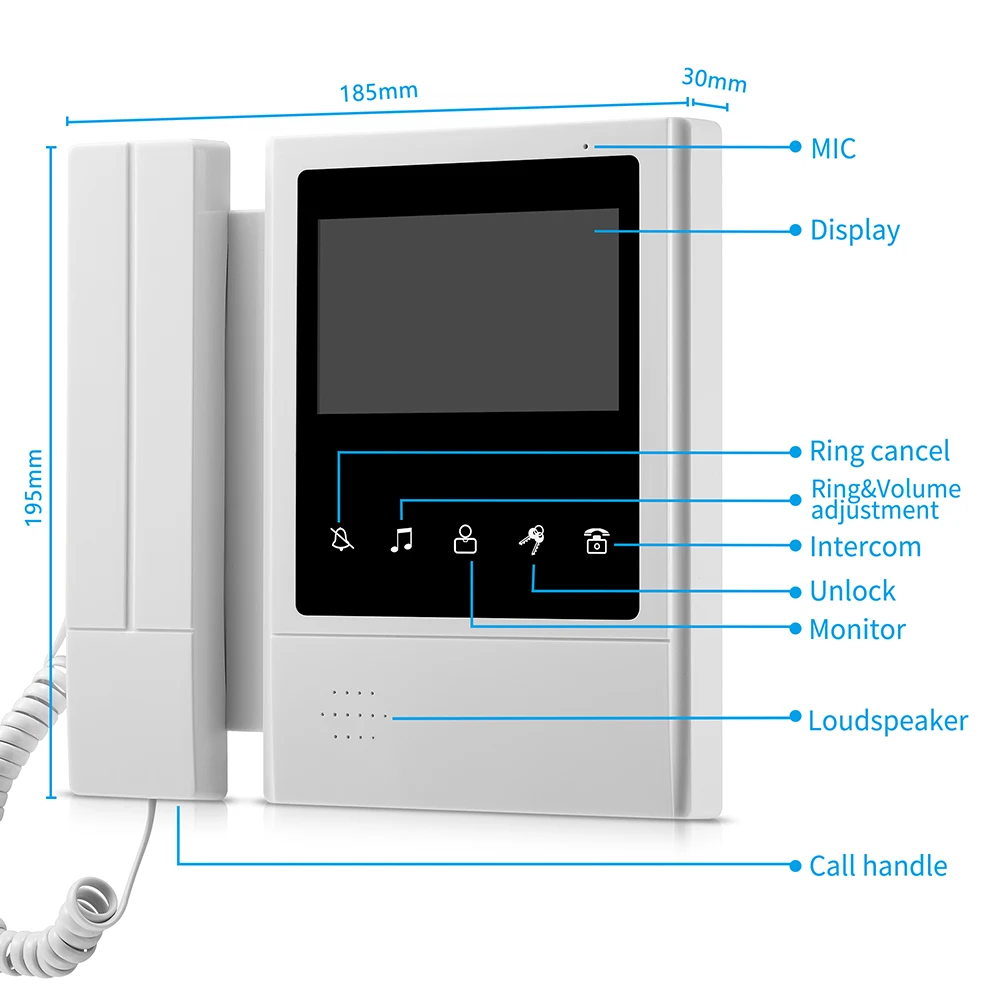 4.3 Inch Doorbell Video Camera Wired Touch Monitor Intercom Waterproof IR Night 700TVL Vision For Home Surveillance 4 wire setup