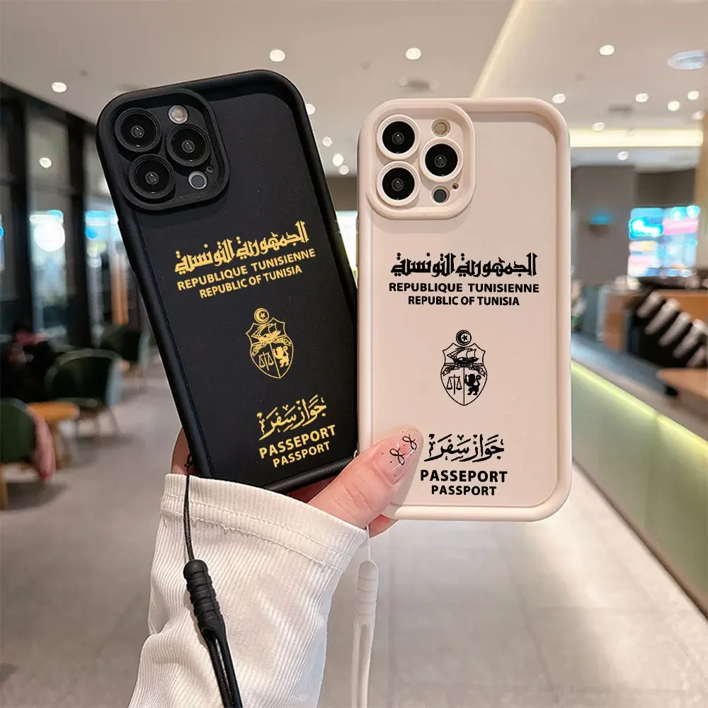 Tunisia Passport Phone Case for IPhone 16 15 14 13 12 11 Pro Max Mini XR XS X 7 8 Plus Soft TPU Back Cover With Hand Strap