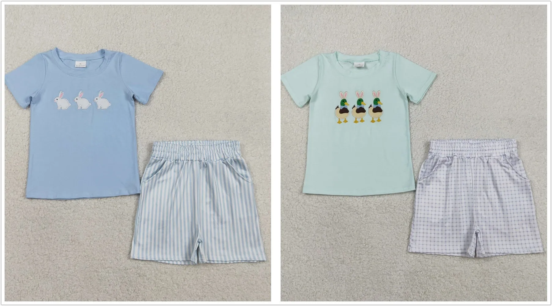 Wholesale Baby Boy Easter Embroidery Outfit Kids Children Sets Toddler Short Sleeves Ducks Rabbits Shirts Pockets Shorts Clothes