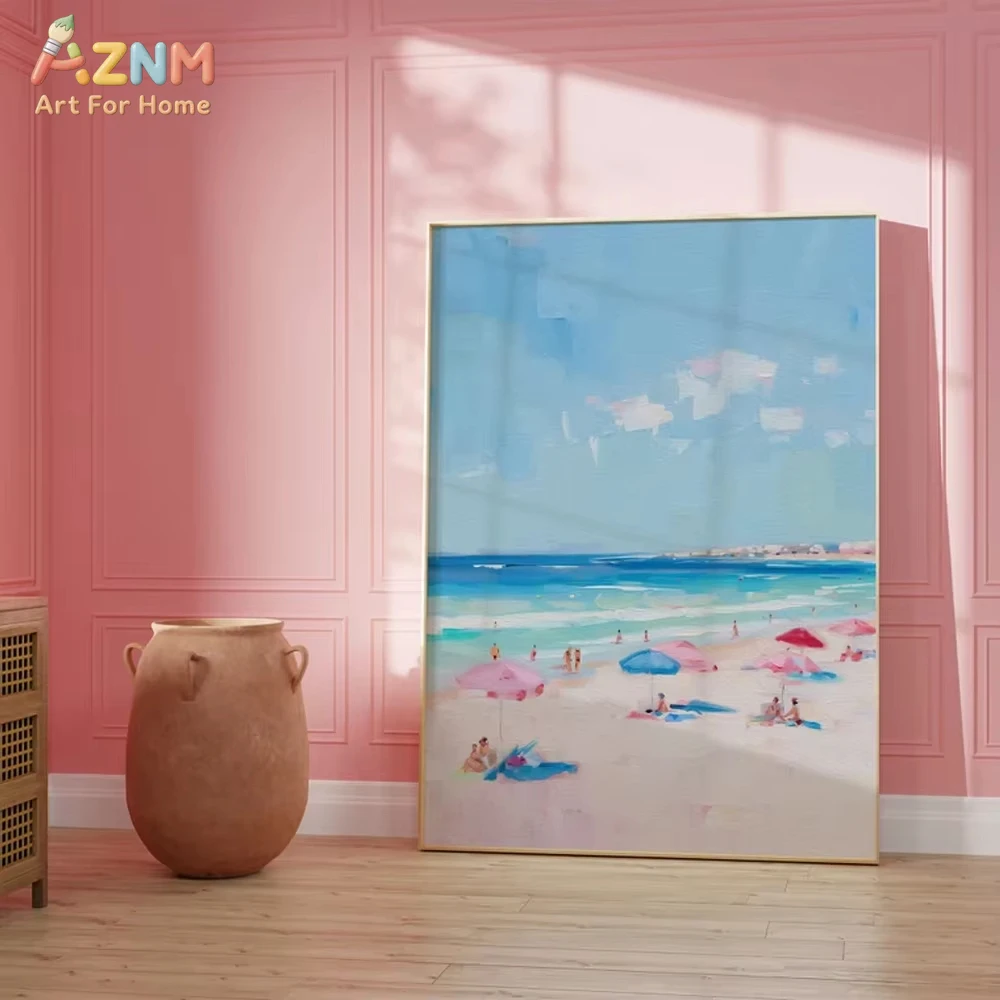 AZNM Aerial View Surfing Ocean Canvas Wall Art, Modern Coastal Summer Surfing Illustration Print, Frameless Blue Sea Surfer Land