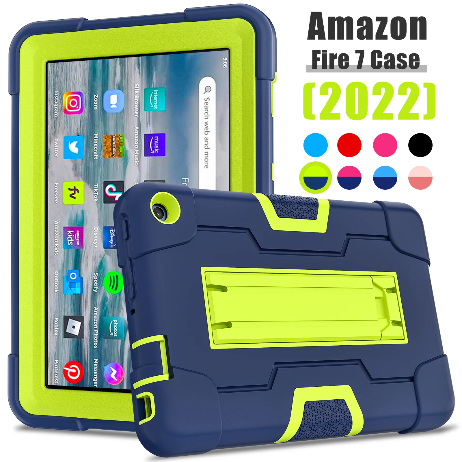 

Built-in Kickstand Case For Amazon Fire 7 2022 Rugged Cover 3-in-1 Protection Hybrid Heavy Duty Shockproof Tablet Shell Capa