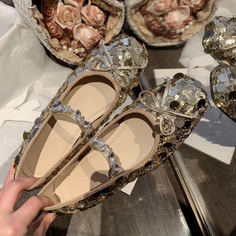 

Весна 2024, новые женские туфли Мэри Джейн с круглым носком на плоской подошве и неглубоким бантом, блестками, стразами, роскошные милые офисные женские туфли