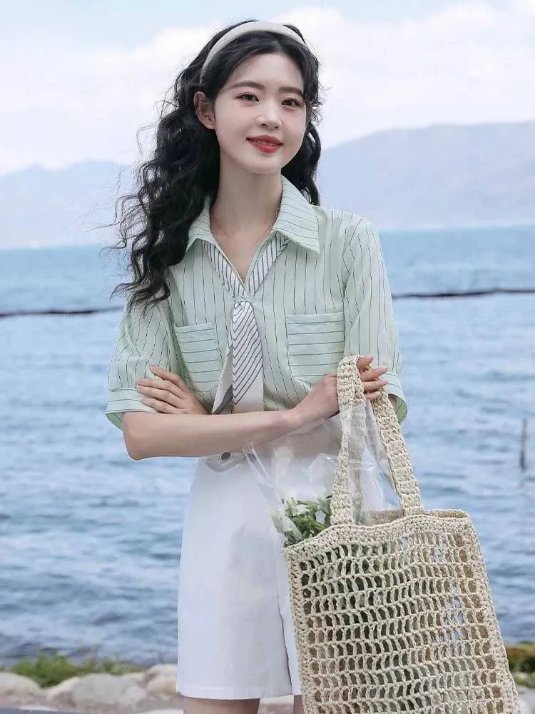 

Women's 2026 New Arrival Summer Short Sleeve Shirt Lightweight Polo Collar Scarf Inspired Stripe With Pocket Niche Chic Design