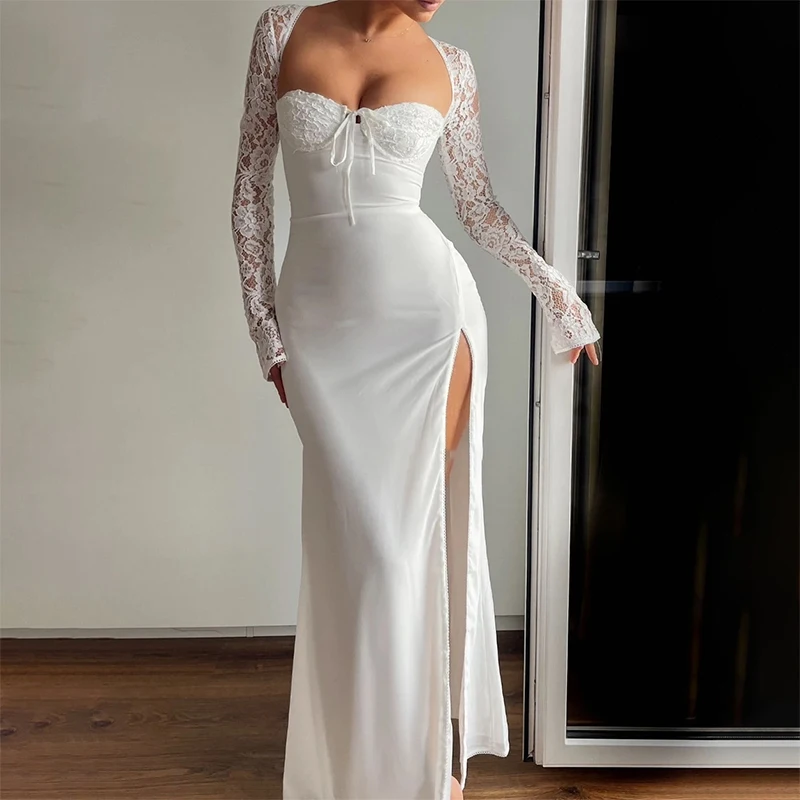 

Fashion White Square Neck Formal Evening Dresses Lace Long sleeves Side Slit Prom Dresses Customized abendkleider