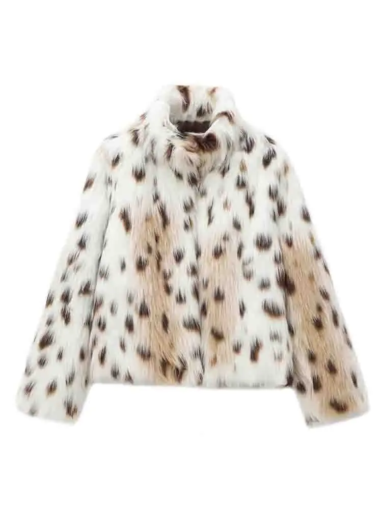 

European style new women's fashion versatile temperament leopard print faux fur effect long-sleeved jacket