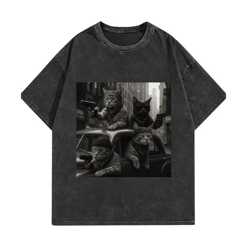 

Funny Cat Gang Meme Graphic T Shirts High Street Fashion Trend Vintage Washed T-shirt Men Women Clothing Casual Loose T-shirts