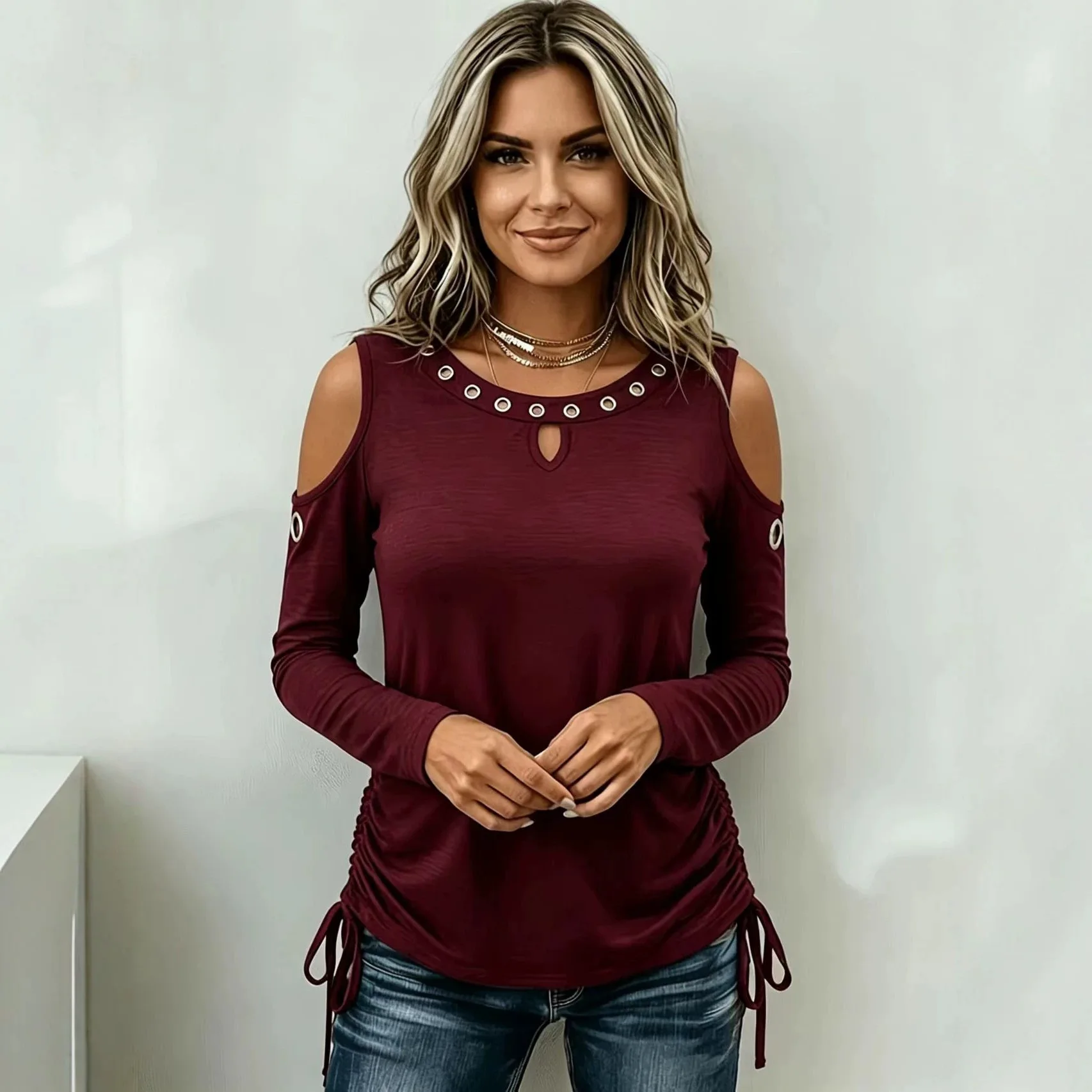 2026 New Long-sleeved Autumn. Design, Asymmetrical, Slimming Sequined, Tie-up, Off-shoulder Round-neck, Hollow-out T-shirt