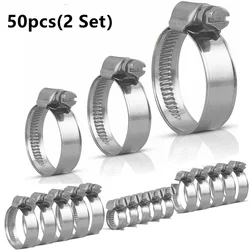 50pcs(2 box) Metal Hose Pipe Clamps 16mm-70mm Cross German Hose Clamp Clips for Air Hose Water Pipe Fuel Hose 5 Sizes