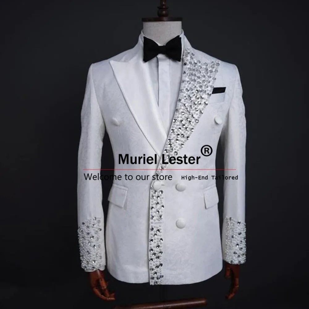 Glitter Diamond Beads Floral Suits Men For Wedding Double Breasted Jacket Pants 2 Pieces Bridegroom Tuxedos Bespoke Man Clothing