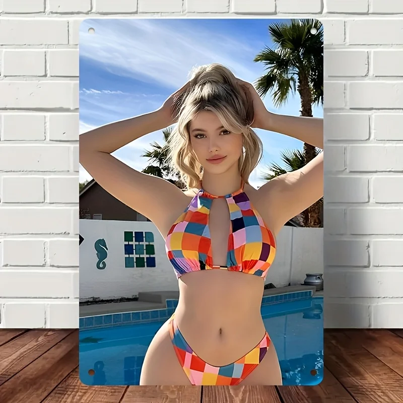 High Definition Metal Tin Sign Beautiful Blonde Lady Colorful Checkered Halter Bikini Poolside Palm Tree Summer Beach Vintage