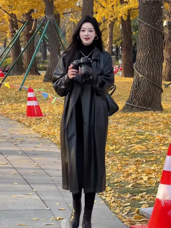 

Bla PU Leather Jaet Women's Mid-Length Slim Fit Knee-Over Coat Luxury Ele Spring Autumn New Sle Commute Sle