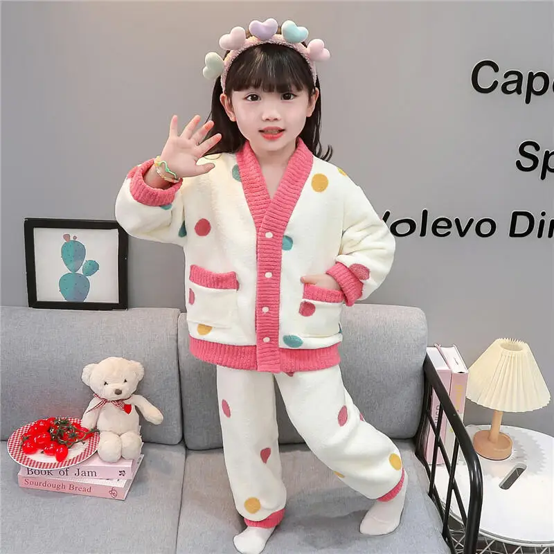 

Популярный кавайный модный пижамный комплект для девочек, студенческий весенне-осенний повседневный фланелевой утепленный топ, длинные штаны, домашняя одежда, детская одежда