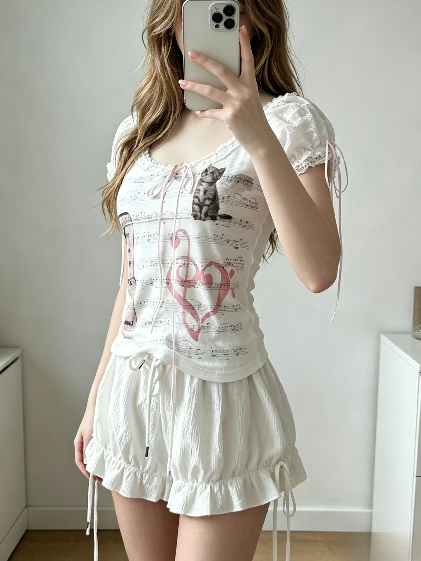 Cropped Slim Short Sleeve Top Lace Ruffle Puff Shoulder Sheet Music Cat Print Front Ribbon Tie Up Sweet Daily Casual Fitted Tee