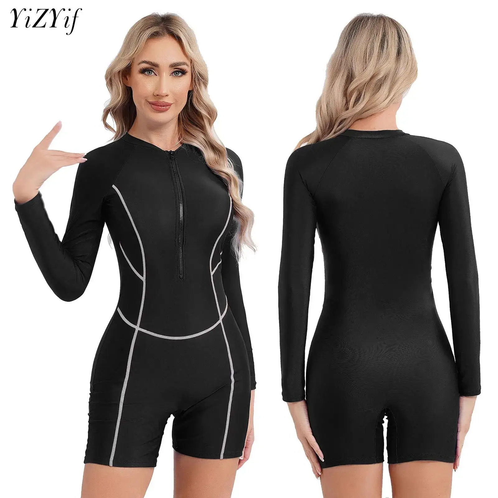 Women Sun Protection Rash Guard One-piece Swimsuit Long Sleeve Padded Front Zipper Swimsuit Surfing Bathing Suit for Pool Beach