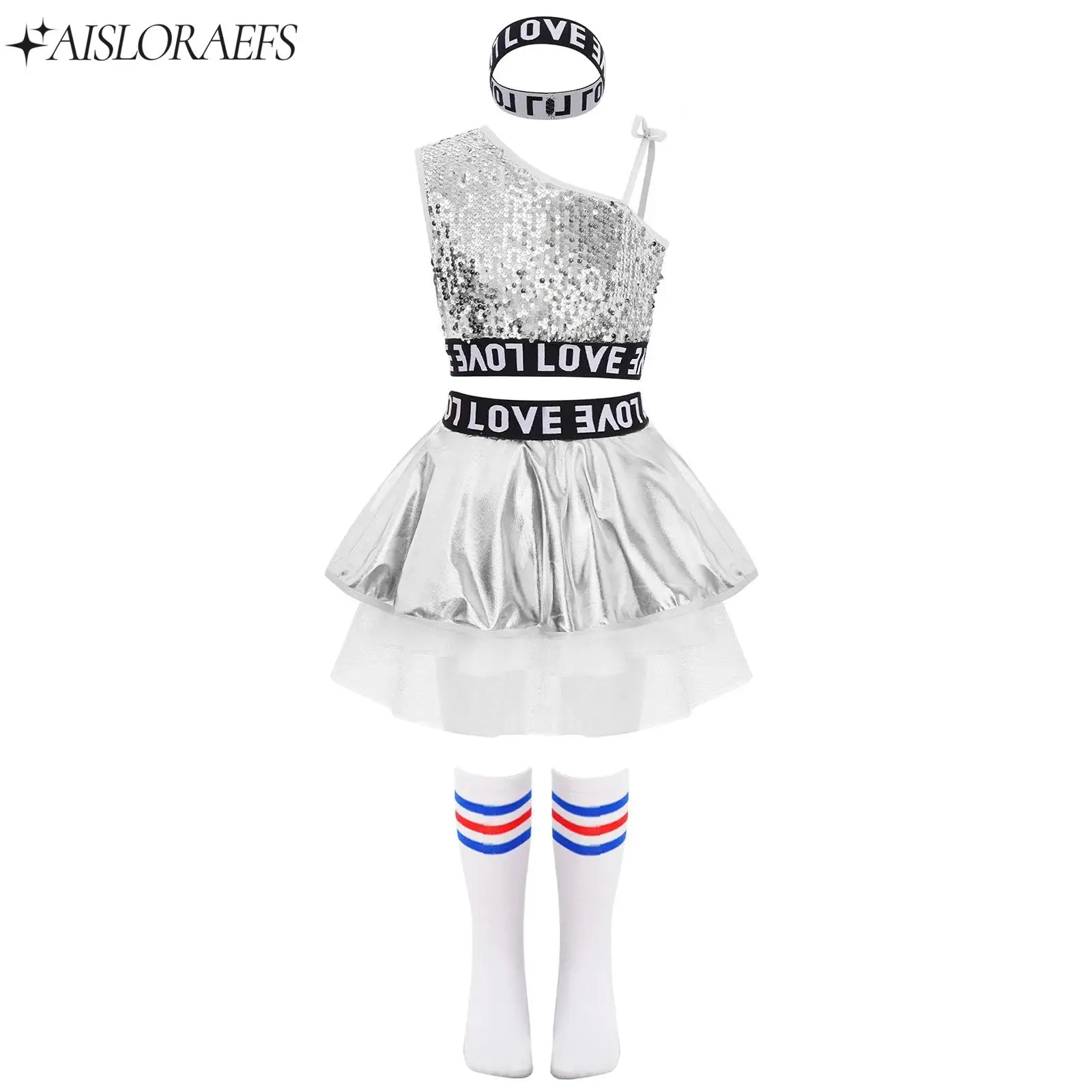 

Girls Jazz Ballroom Dance Outfit Performance Costume 2pcs Shiny Sequined Sleeveless Vest+Skirt+Hairband+Socks Show Dancewear Set